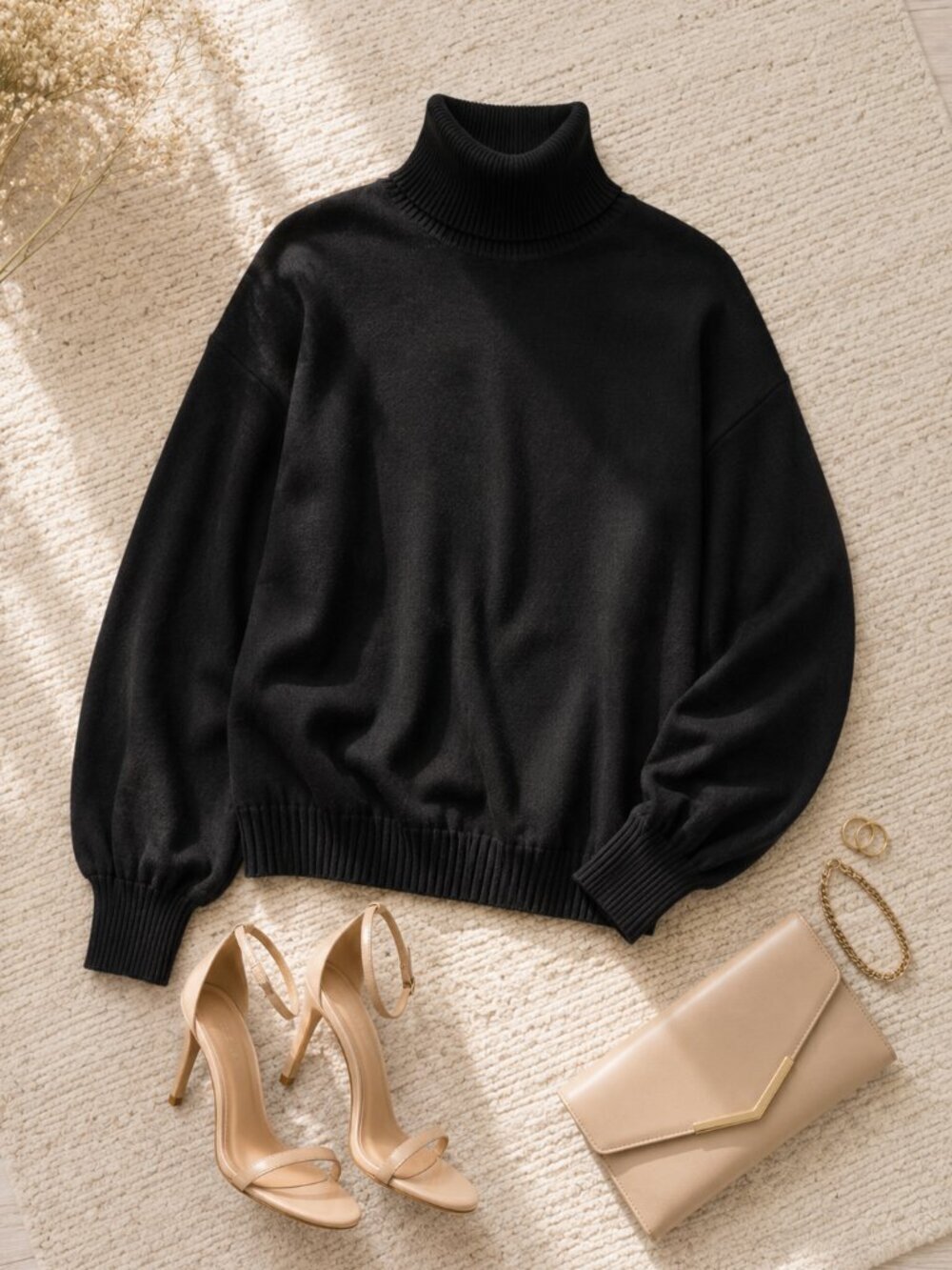 INC Black Ribbed Blouson Sleeve Turtleneck Sweater Size Small | NWT | Black